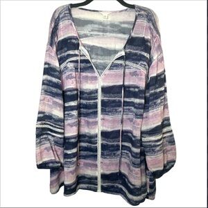 Caslon women’s Pink Blue split Tie neck blouse lace inlay striped size 3X